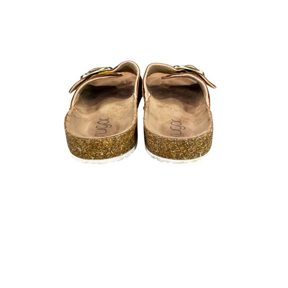 Yellow Suede Buckle Slide Sandals With Cork Sole - Picture 4 of 7